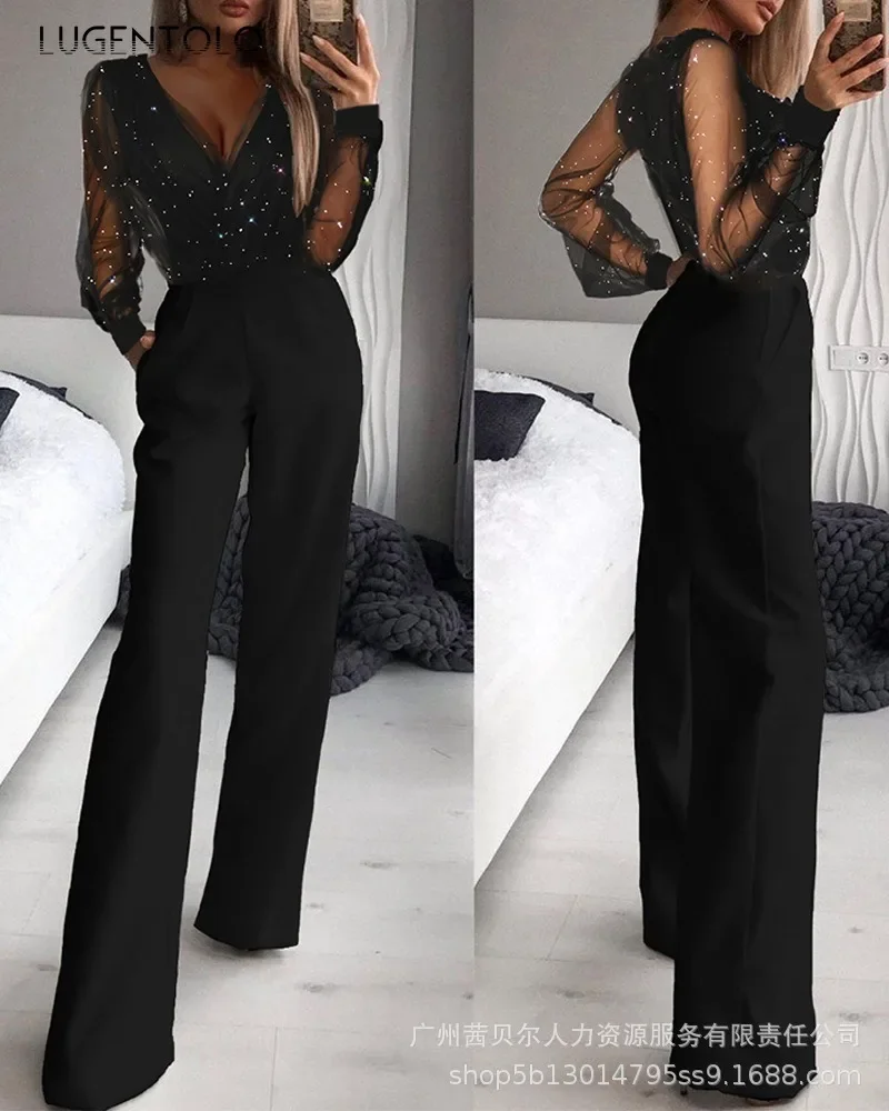 

Women Sexy Slim Jumpsuits Chest Wrap Mesh Embroidery Print Lady Elagent High Waist New Fashion Long Jumpsuit