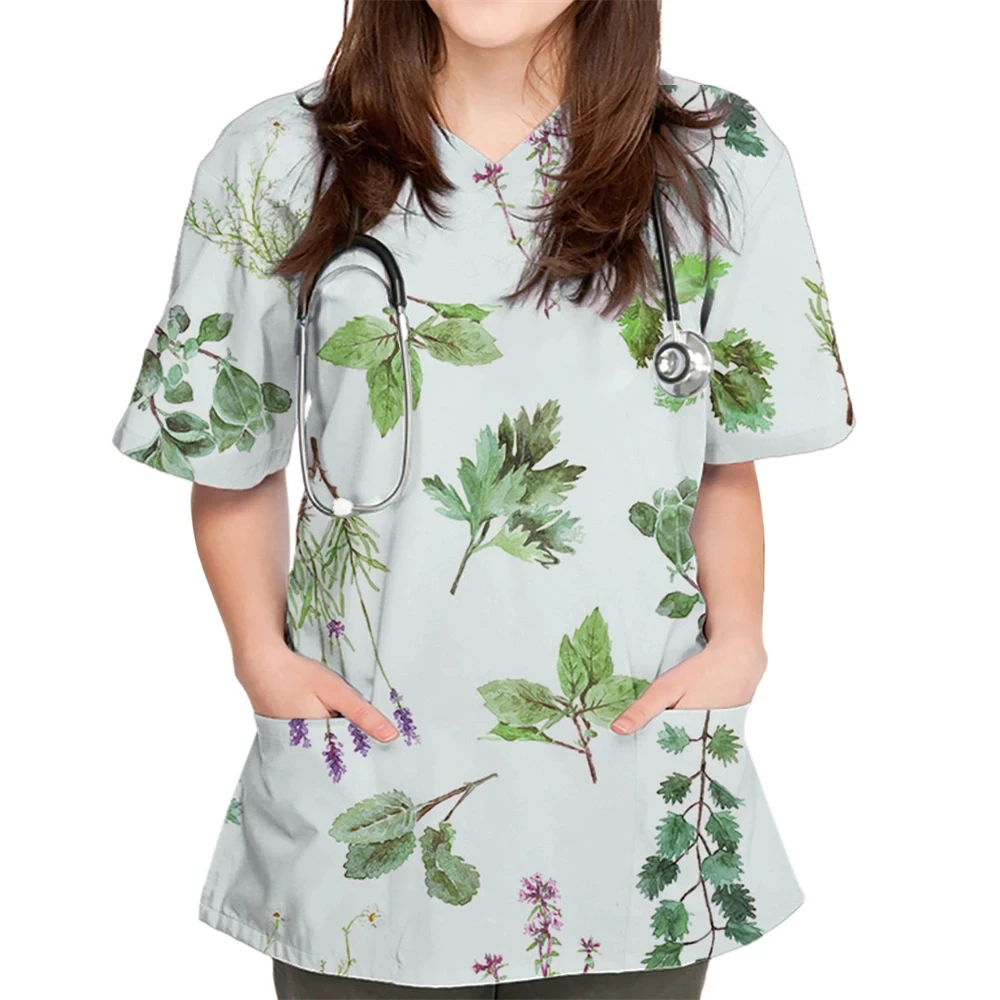 

T-shirt Slim Floral Print Matte Top V-Neck Female Veterinary Nurse Uniform Short-Sleeved Shirt Pet Grooming Veterinary Overalls