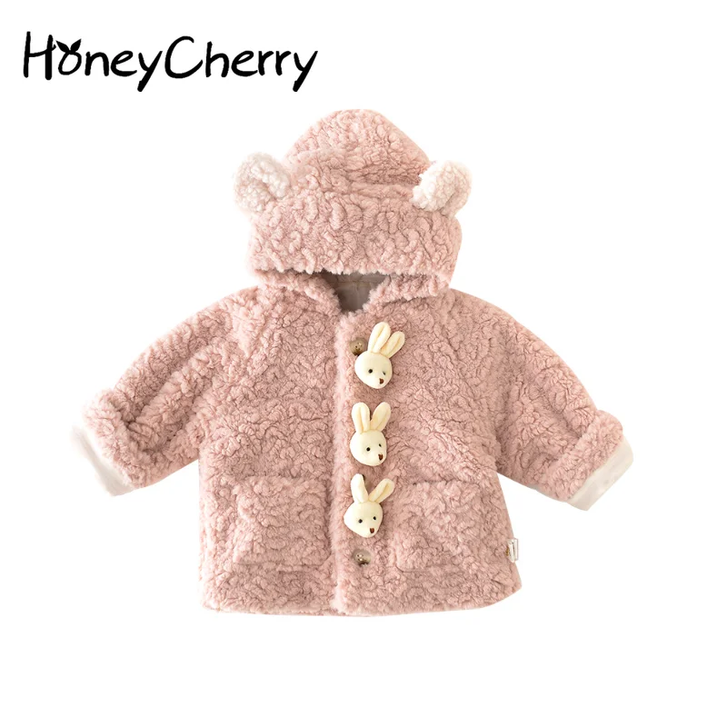 

HoneyCherry Autumn and Winter Girls Pink Woolen Coat Baby Cartoon Button Hooded Coat Girls Coat