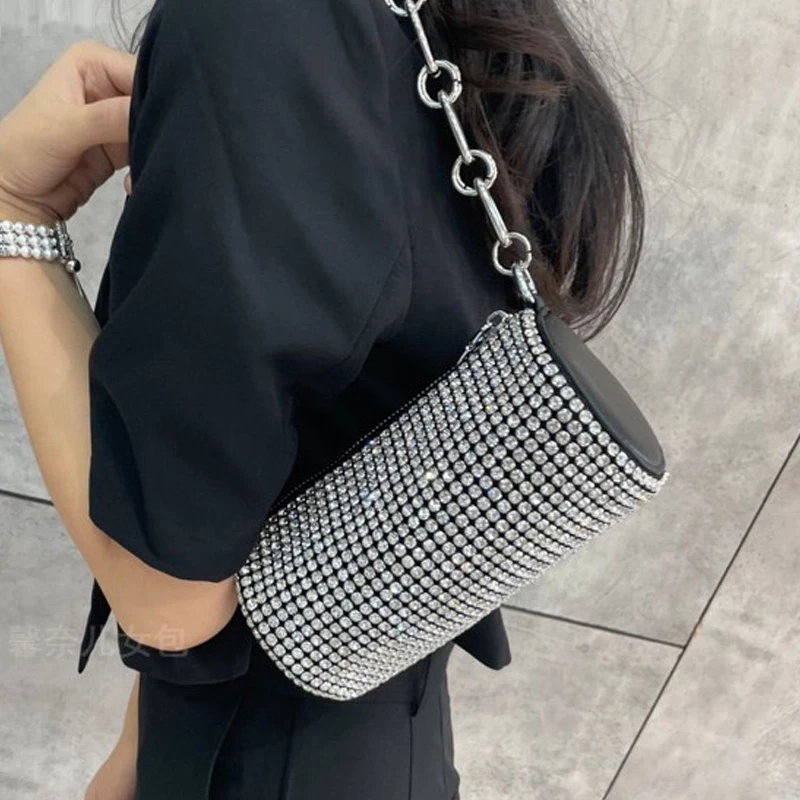 

Fashion Messenger Bag Women Luxury Brand Designer Handbags And Purse 2023 Spring New In PU Cylindrical Shining Diamond Sling Bag
