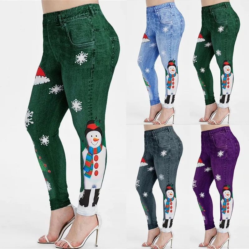 

Faux Jeans Women's High Waist Leggings Girl Winter Legging Bottoms Snowflake Christmas Print Fitness Female Stretch Pocket Pants