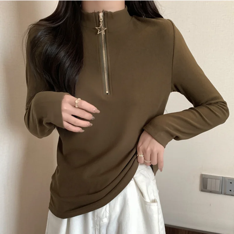 

Hikigawa Chic Fashion Women Mock Neck Bottoming Zipper T-Shirts Autumn Inner Stand Collar Solid Versatile Long Sleeve Top Mujer