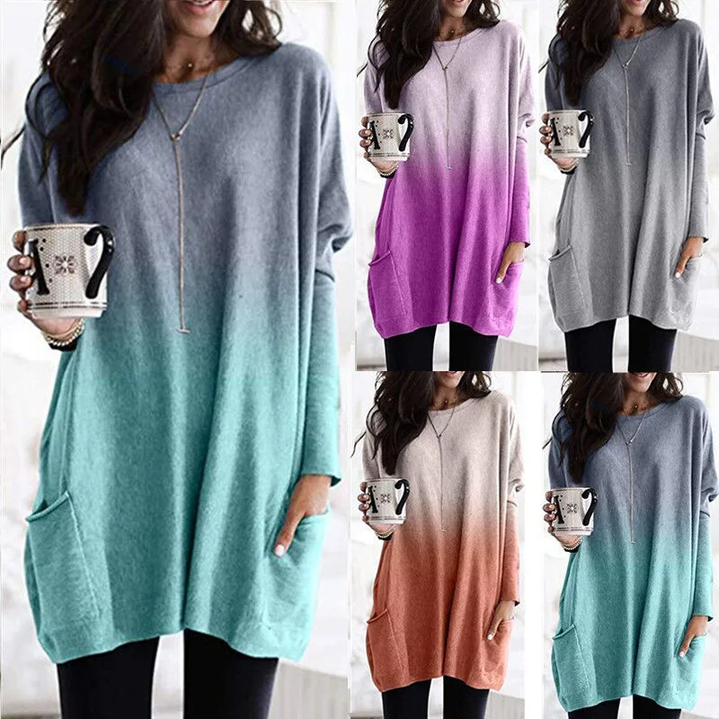 

2023 Gradient Long Sleeve Casual Pocket T-shirt Top Women's Wear