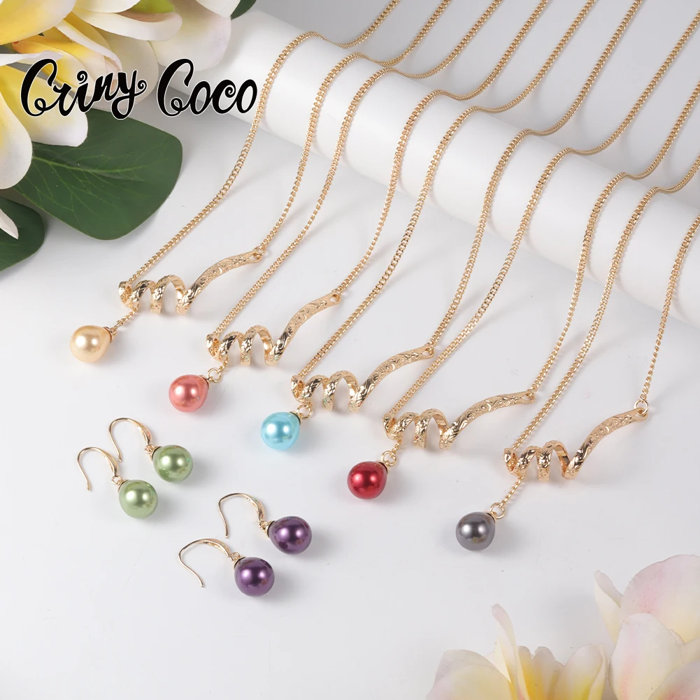 

Cring Coco Hawaiian Jewelry Sets Trendy Polynesian Samoa Gold Plated Pearls Necklace Pendant Necklaces Earrings Set for Women