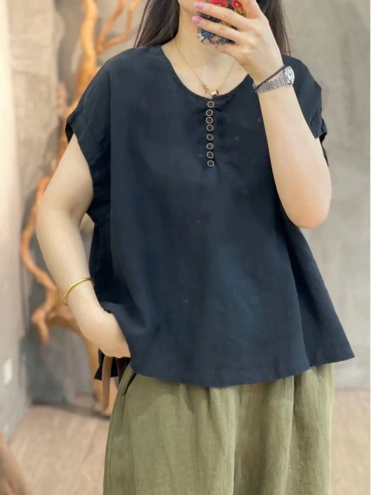 round Neck Short sleeve Cotton and Linen Loose Belly Covering Casual T-shirt Women 2024 Summer New Retro All-Matching Top |