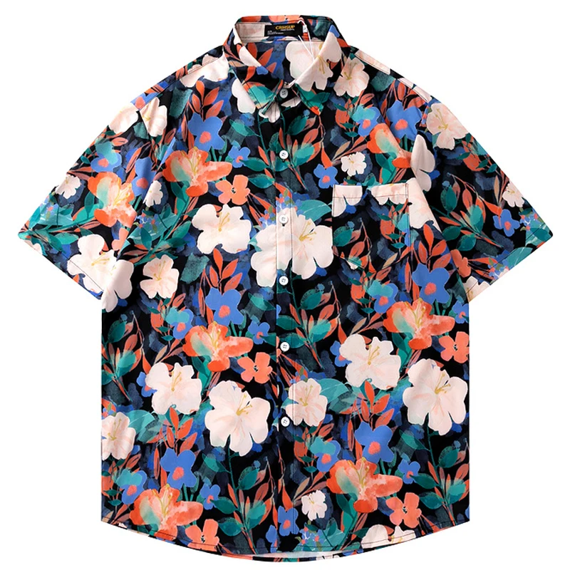 

Mens Oversize Hawaii Casual Short Sleeve Tropica Shirts Tops 22SS Unisex Retro Harajuku Floral Painting Printed Couple Shirts