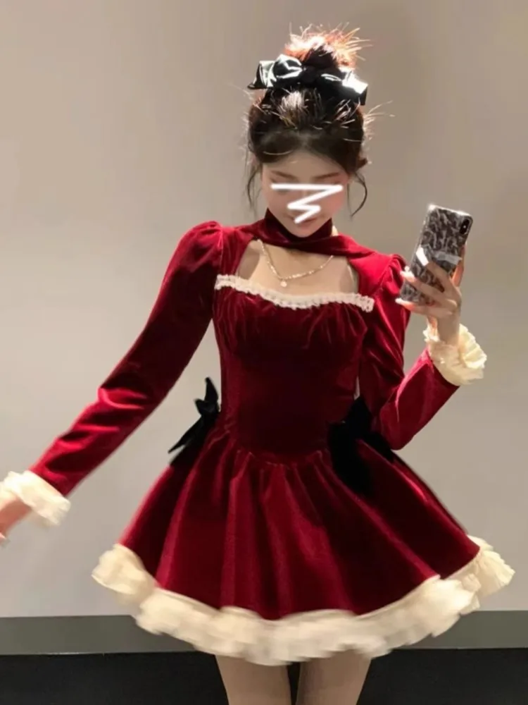 Женское бархатное мини-платье Y2K кружевное лоскутное платье с квадратным вырезом