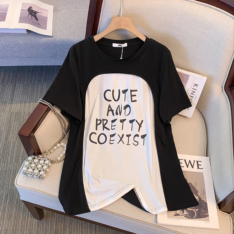 Женская Летняя Повседневная Футболка С Принтом Комбинированный Топ Большого