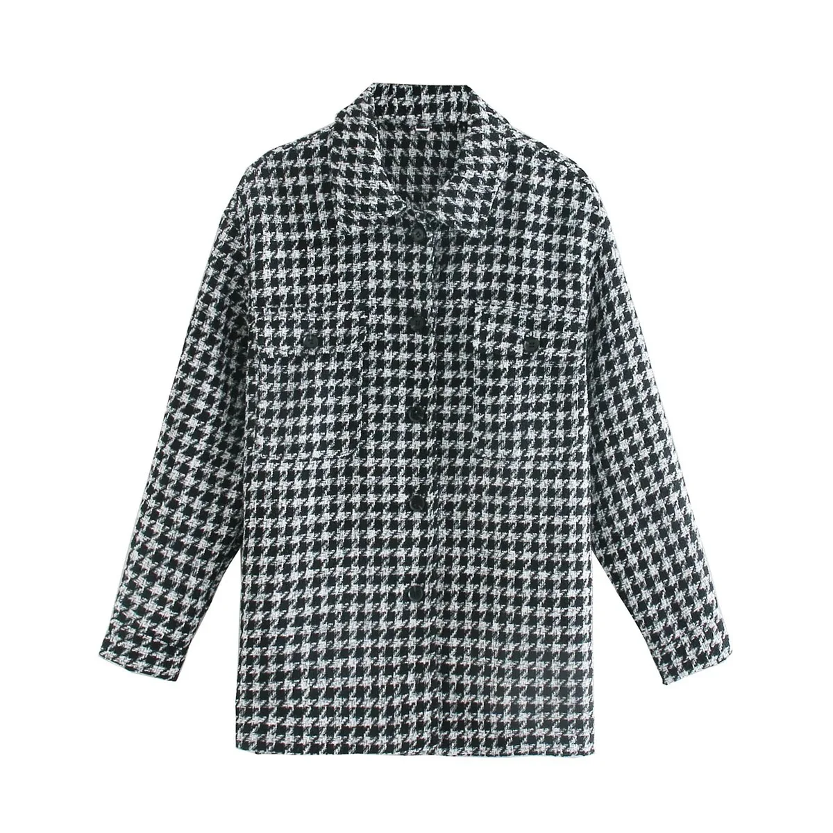 

Fashion Women Houndstooth Frayed Tweed Jacket Coat Vintage Pockets Long Sleeve Jackets for Women New Female Outerwear Chic Tops