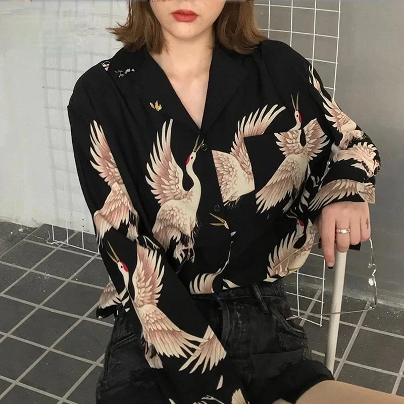QWEEK Harajuku Shirt Frauen Animal Print Blusen Button Up Langarm Übergroßen Streetwear Chinesischen Stil Schwarz Tops Punk Hip Pop