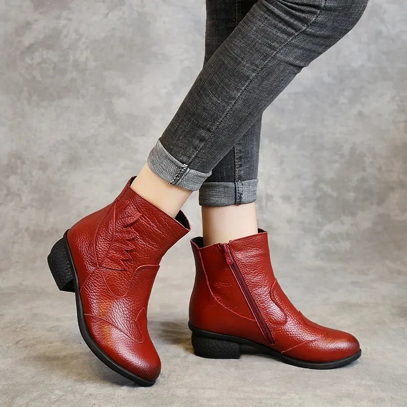 Retro Leather Concise Boots Women's Low Heels Fur Shoes Ladies Fashion Round Head  Red Booti Black Short Boots