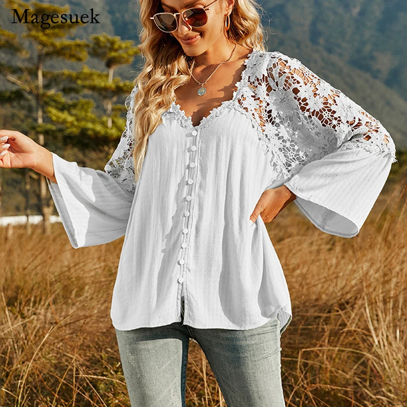 

Fashion Women's Shirt with Lace White Shirt Hollow Out Loose Blouse Casual Flare Half Sleeve Solid V-neck Women Blusas 21594