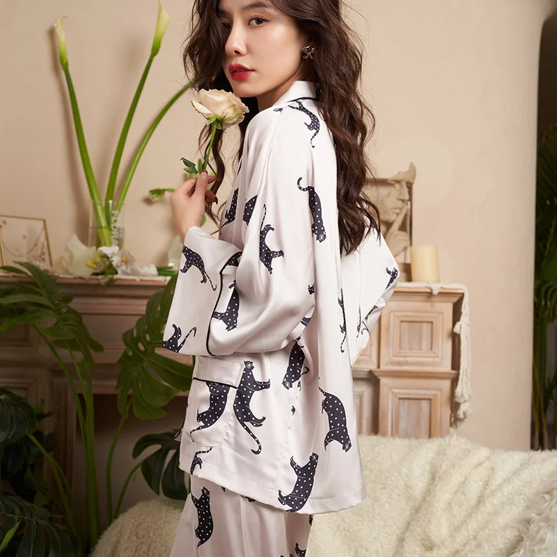 PICKBIRD High Quality Women's Pajamas Set Luxury Leopard Print Loose Top Sleepwear Silk Like Nightwear Leisure Homewear Femme