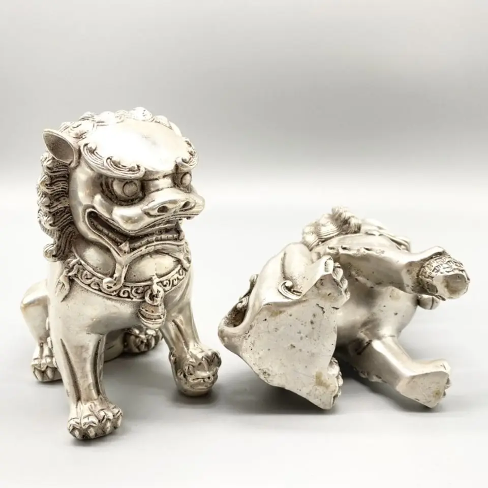 Китайская старая тибетская Серебряная резная пара собака Лев статуя - купить по