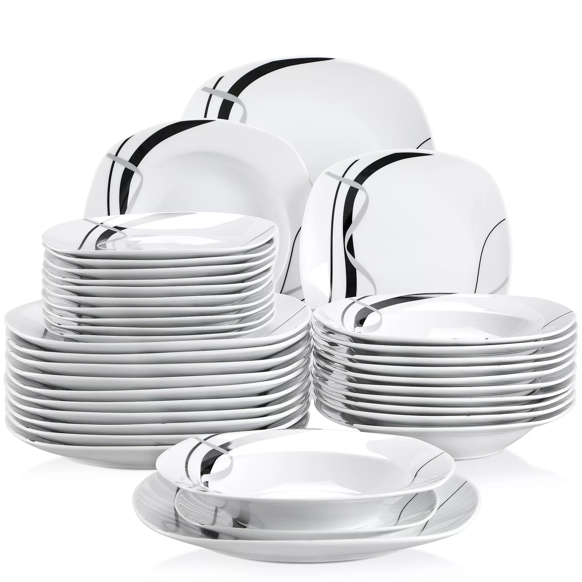 

FIONA 18/36-Piece Porcelain Ceramic Black Line Kitchen Tableware Dishes Plate Set with Dinner Plate,Dessert,Soup Plate