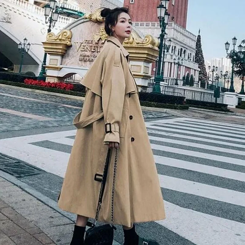 

Trench Coat for Women Korean Style Oversized Double-Breasted Belted Women's Long Trench Coat Spring Fall Fashion Women's Coat