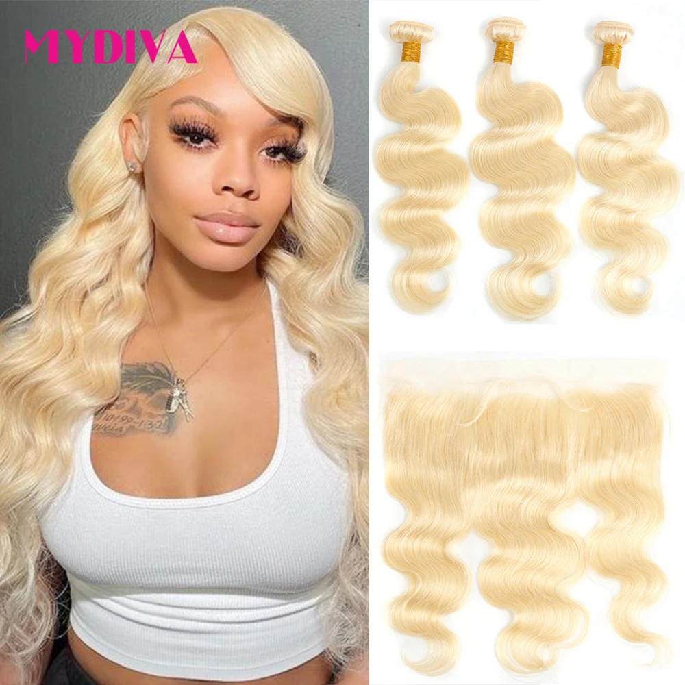 

613 светлые пряди с фронтальной бразильские волнистые волосы пряди с фронтальной блондинка с закрытием пряди, 30 дюймов, Remy (Реми),