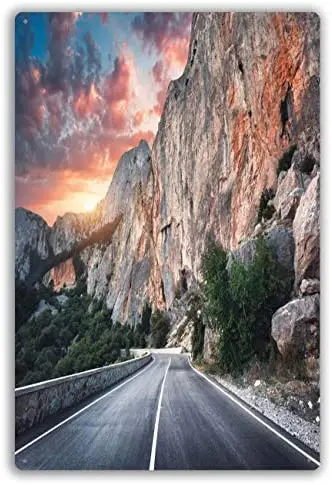 

Metal Sign Beautiful Asphalt Road Colorful High Rock Trees Sunny Sunset at Summer Highway Modern Wall Art