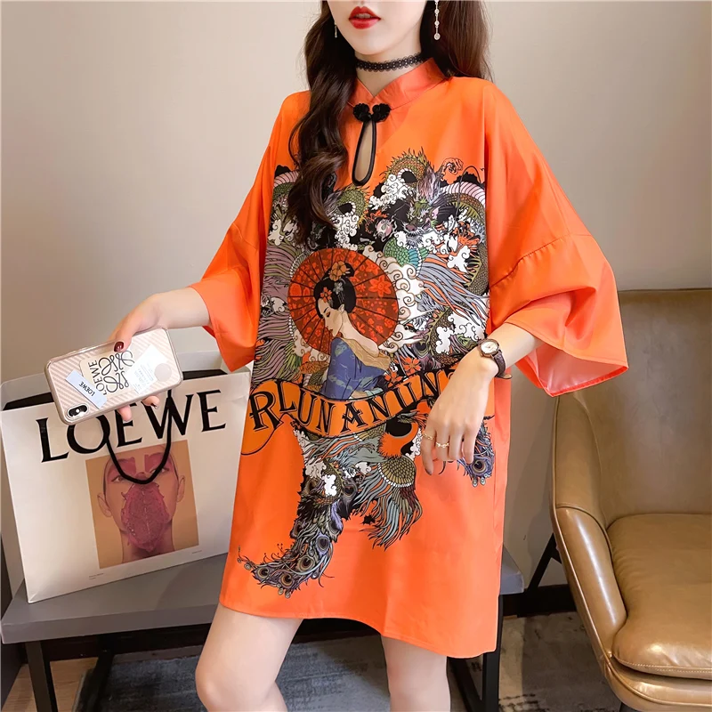 DAYIFUN Chinese Stand Collar T-shirt Women Vintage Style Print Long Tshirts Female Short Sleeve Oversized Orange Tee Top Loose
