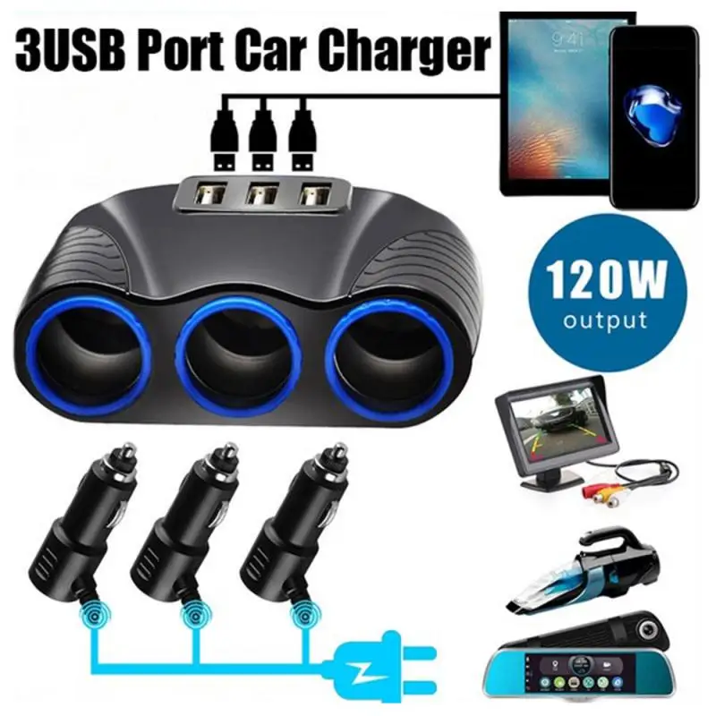 

Car 3USB Port Charger Car Cigarette Lighter Adapter 120W 12V/24V Power DC Outlet Splitter Car Charger Adapter For Mobile Phone