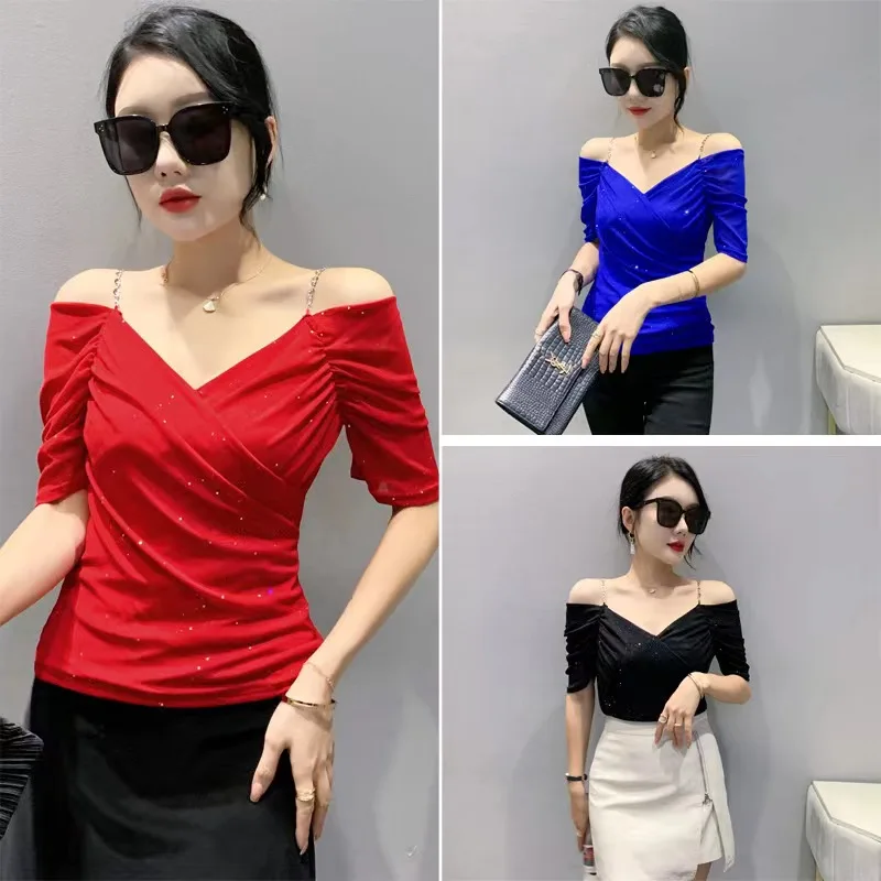 

Женская футболка с открытыми плечами и V-образным вырезом, с коротким рукавом