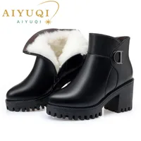 AIYUQI Booties 2022 New Genuine Leather Platform Heel Riding Boots Horse Wool Warm Winter Women Fashion High Heel Boots Banquet