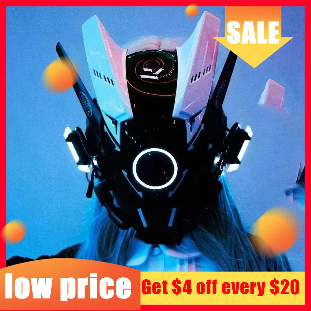 

Cyberpunk Mask Helmet Samurai Robot Shinobi With Led Light Cosplay Special Punk Tech Techwear Mask Kids Christmas Gifts Toys