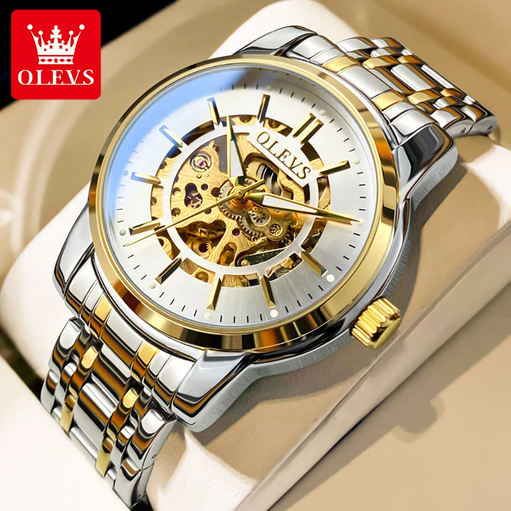 Genuine OLEVS Automatic Mechannical Watches for Men Luxury Hollow Design Luminous Wristwatch Self-wind Relogios Masculinos 9002
