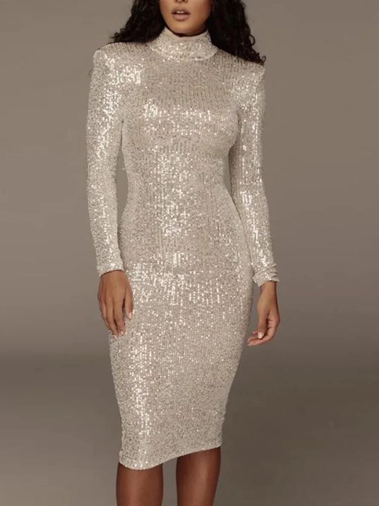 

Midi dress with a turtleneck and sequins, elegant, long sleeve, body, slim, stretch, up to the knee, party dresses