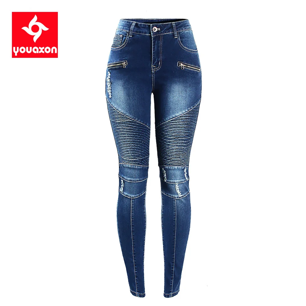 

2077 Youaxon Women`s Fashion Motorcycle Biker Zip Mid High Waist Stretch Denim Skinny Pants Motor Jeans For Women Trend Clothing