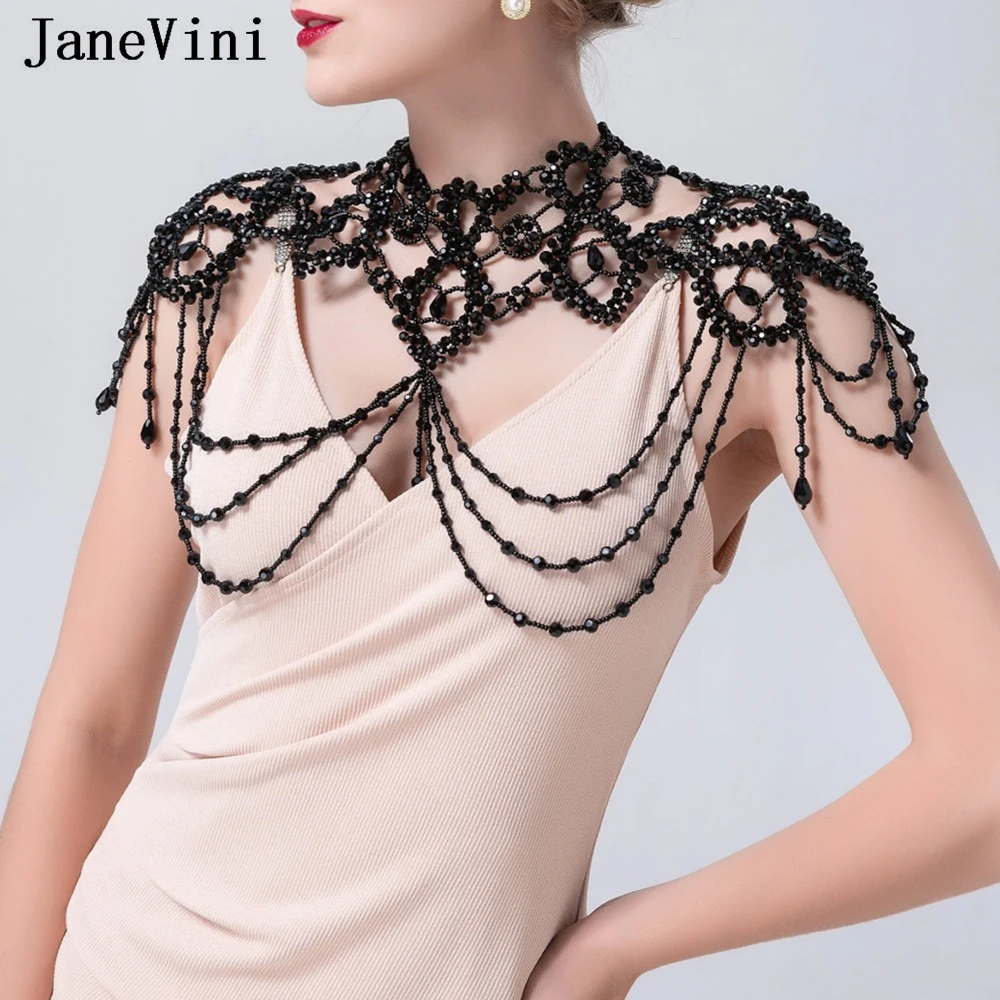 

JaneVini Gothic Black Pearl Collar Necklace Women White Wedding Wrap Shawl Necklaces Shoulder Chain Adjustable Size Bra Top 2023