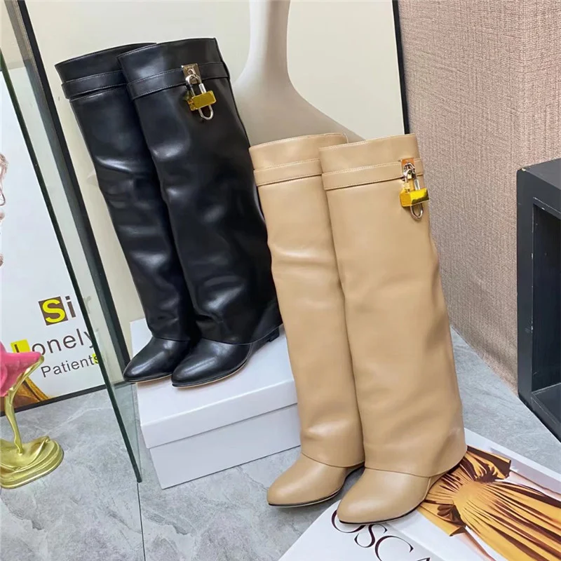 

Boots For Women 2022 Winter Fashion Wedge Women's Boots Lock Design Beige Black Ladies Shoes Leather Knee High Boots Mujer Botas