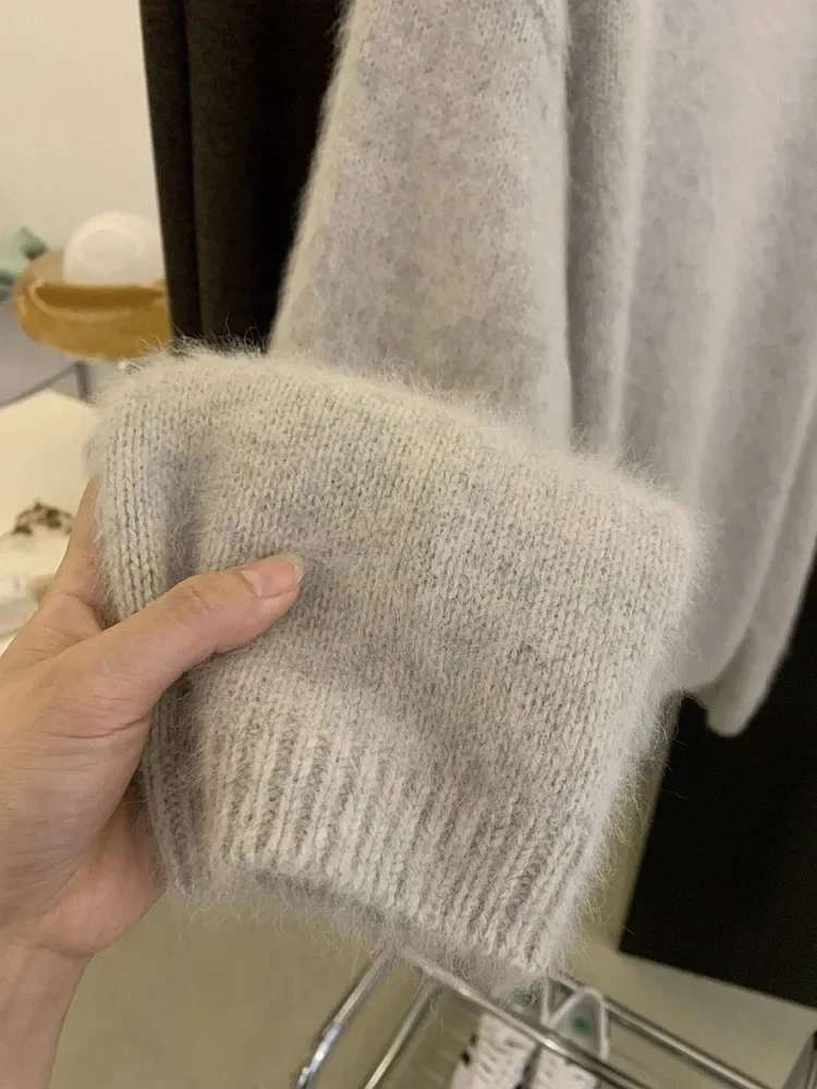 Зима 2023 новый серый пуловер с круглым вырезом свитер свободного покроя вязаный