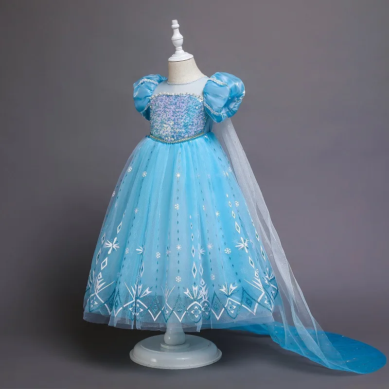 Summer Girl Frozen Elsa Dress Kids Party Short Sleeve Fashion Princess Dress Little Girl Birthday Gift Christmas Clothes+Cape