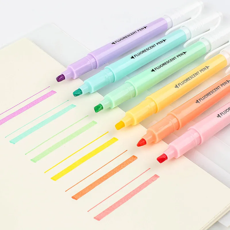 

6Pcs/Set Cute Candy Color Highlighter Pen Stationery Double Headed Fluorescent Marker Pen Students Office School Supplies