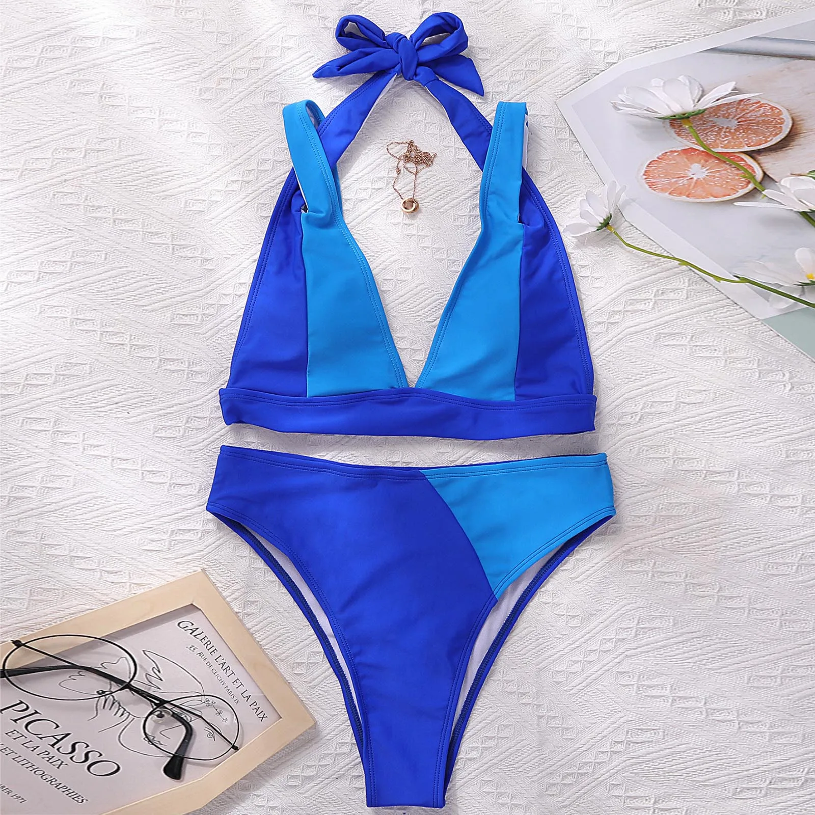 

Women Print Color 2pack Halter Splicing Bikini Swimsuit Split Push Up Two Piece Sexy 3 Piece Swimsuits for Women with Cover Ups