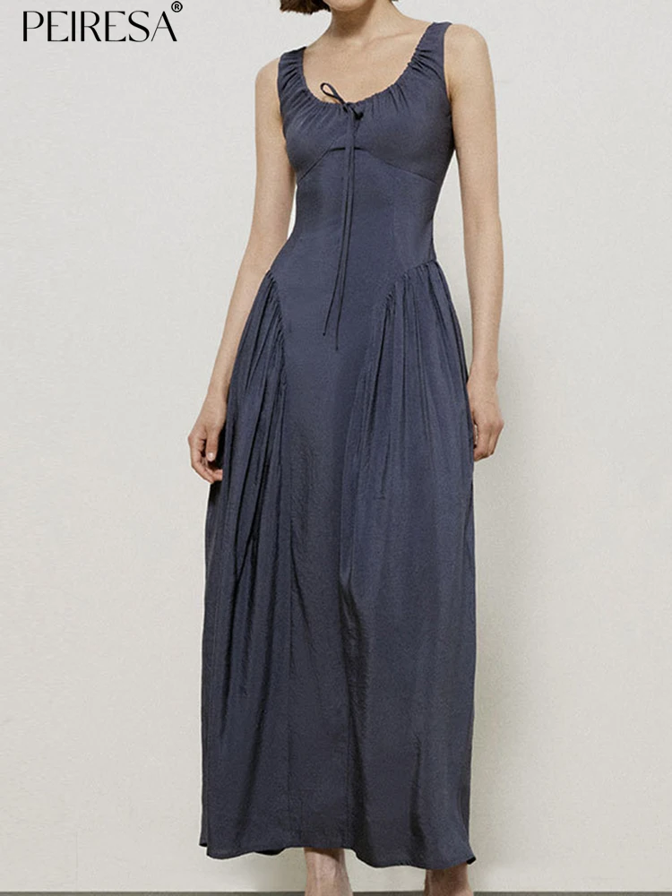 

PEIRESA French Vintage Drawstring Lace Up Sleeveless Dress Women Fashion O Neck Slim Waist Pleated Midi Dresses Female Vestidos