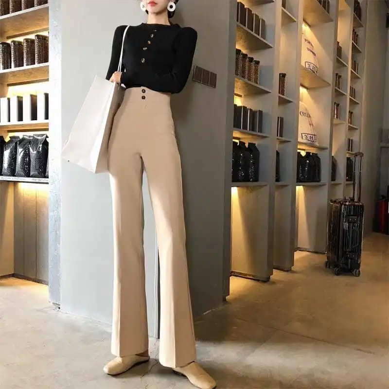 

2022 New Summer Flare Pants Women Office Lady Skinny Pants Female Fashion Button Fly High Waist White Black Long Trousers C107