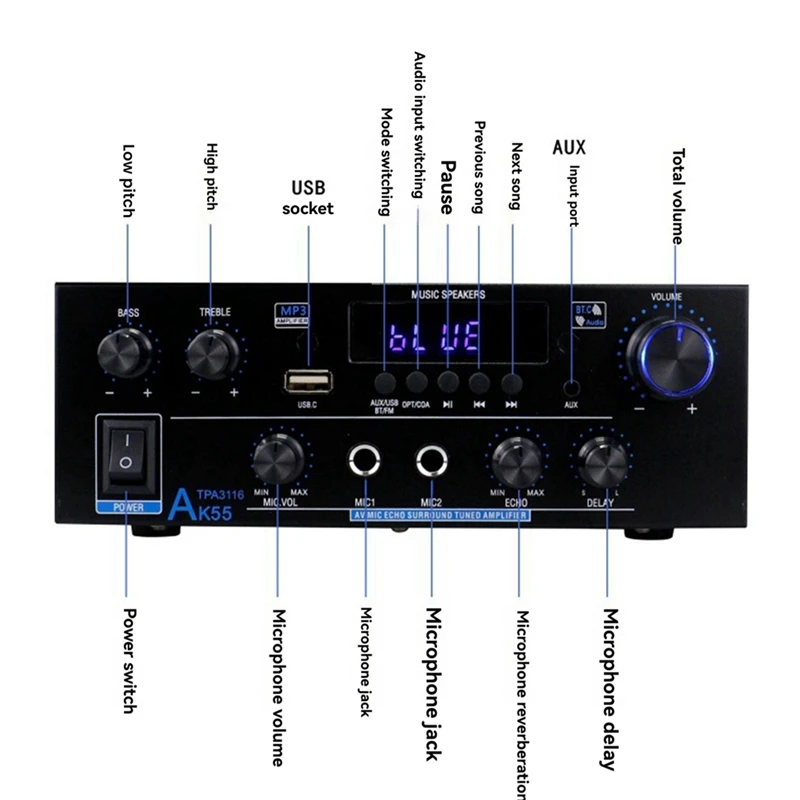 Фото Домашний усилитель мощности AK55, 900 Вт макс., 2.0-канальный, Bluetooth, Hi-Fi, караоке, музыкальный плеер, вилка EU-ABVK №2