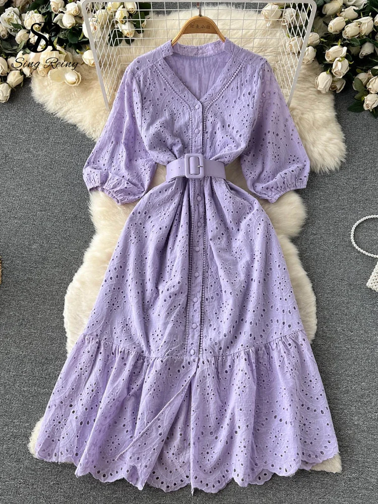 

LIRUICHENG Women Embroidary Gentle Summer Dress V Neck Sashes Hollow Out Casual Vacation Short Sleeves Ladies Long A Line