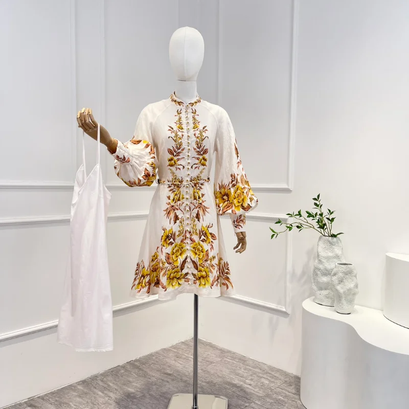

Женское винтажное льняное мини-платье, желтое платье с цветочным принтом, поясом, пуговицами и длинными рукавами-фонариками, весна-лето 2023