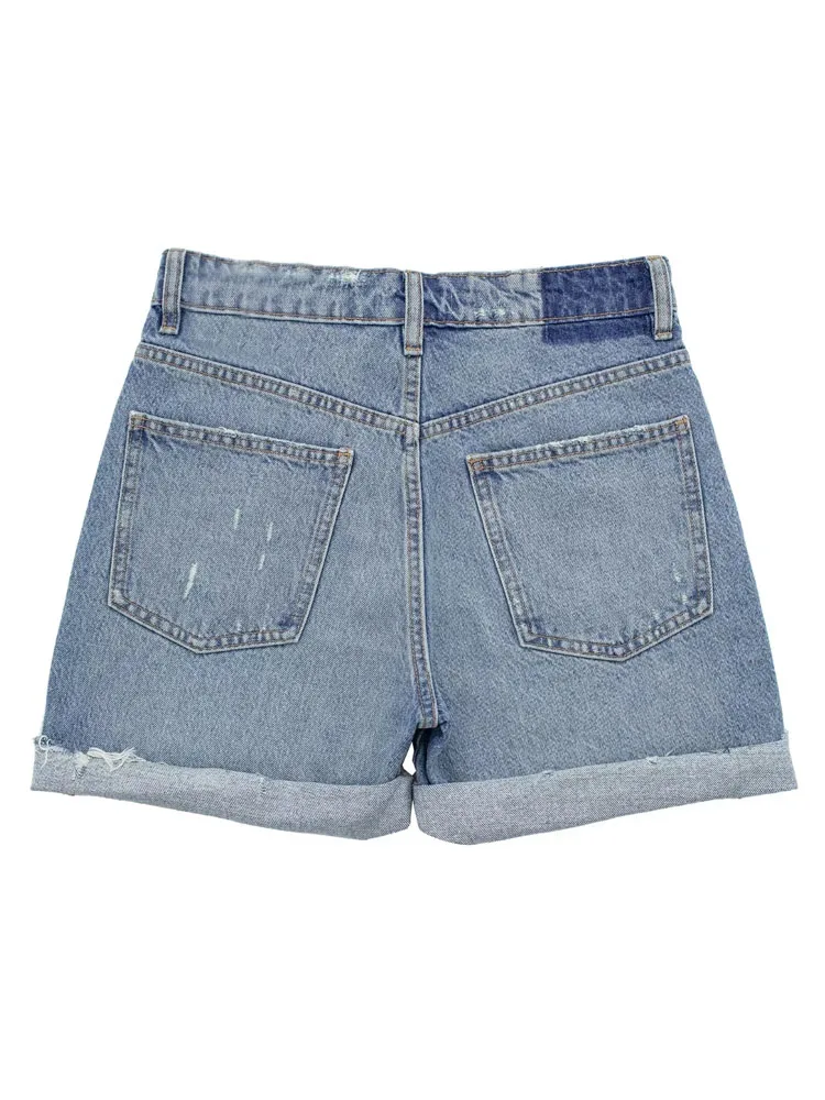 PAILETE Women 2023 fashion turn-up hems faded denim bermuda shorts vintage mid-rise zipper fly female jeans mujer
