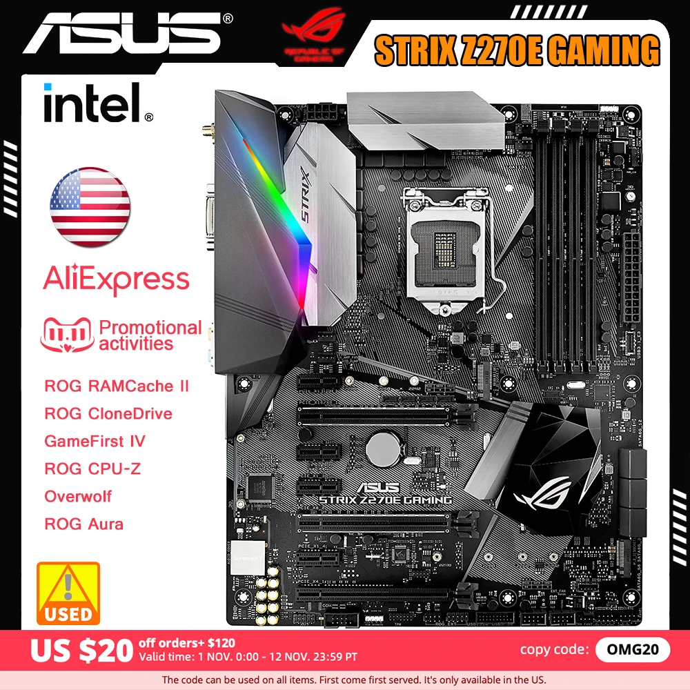 Материнская плата ASUS ROG STRIX Z270E LGA 1151, игровая материнская плата DDR4 DP HDMI DVI M.2 ATX с встроенным Wi-Fi переменного тока и USB 3,1