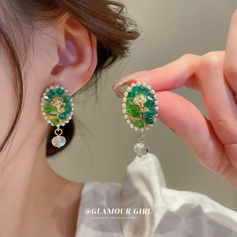 

Silver Needle Vintage Rose Flower Crystal Pearl Earrings French Style Earrings Earrings Earrings Small Fashion Earrings