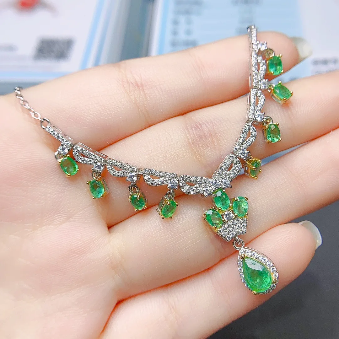 

FS Natural Emerald Luxury Necklace S925 Pure Silver With Certificate Fine Fashion Charm Wedding Jewelry Gift for Women MeiBaPJ