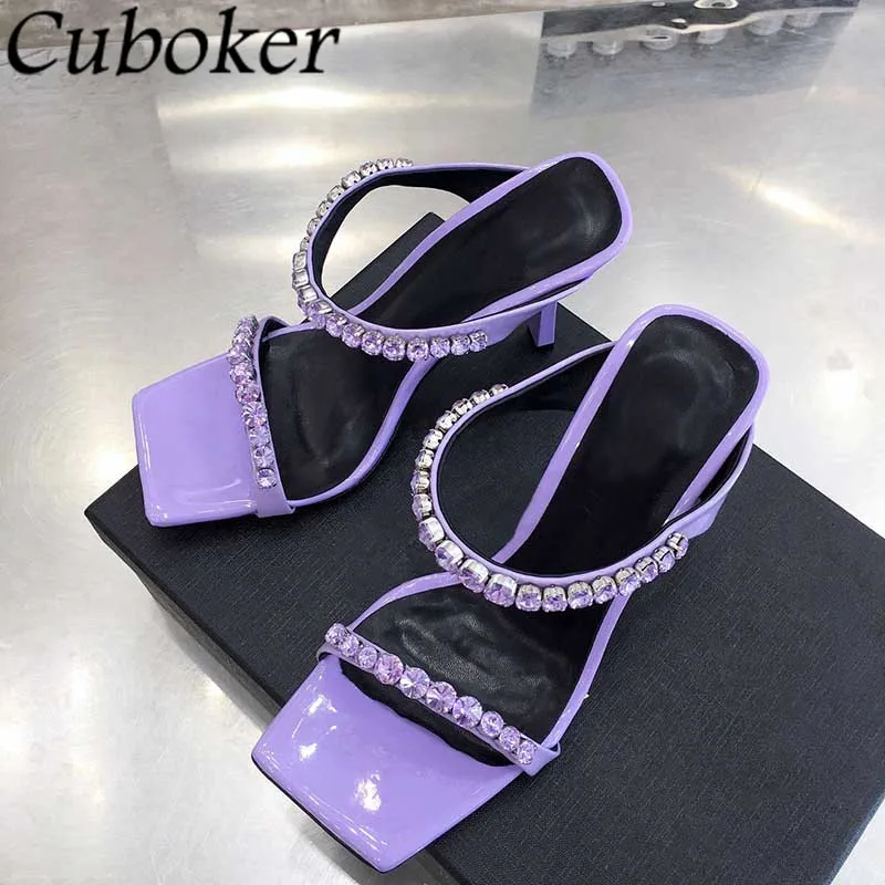 

Sexy Crystal Mules High Heels Women Pumps Slip On Square Toe Slippers Ladies Shoes Party Wedding Shoes Bride Summer Sandals 2021