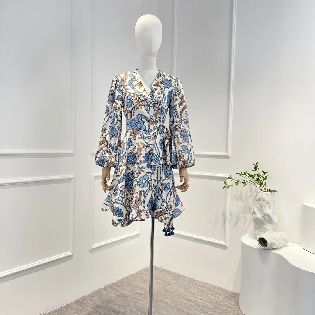 

2023 Spring New Vintage Linen Blue Floral Printing Wrap Mini Dresses with Tassel Belt for Women