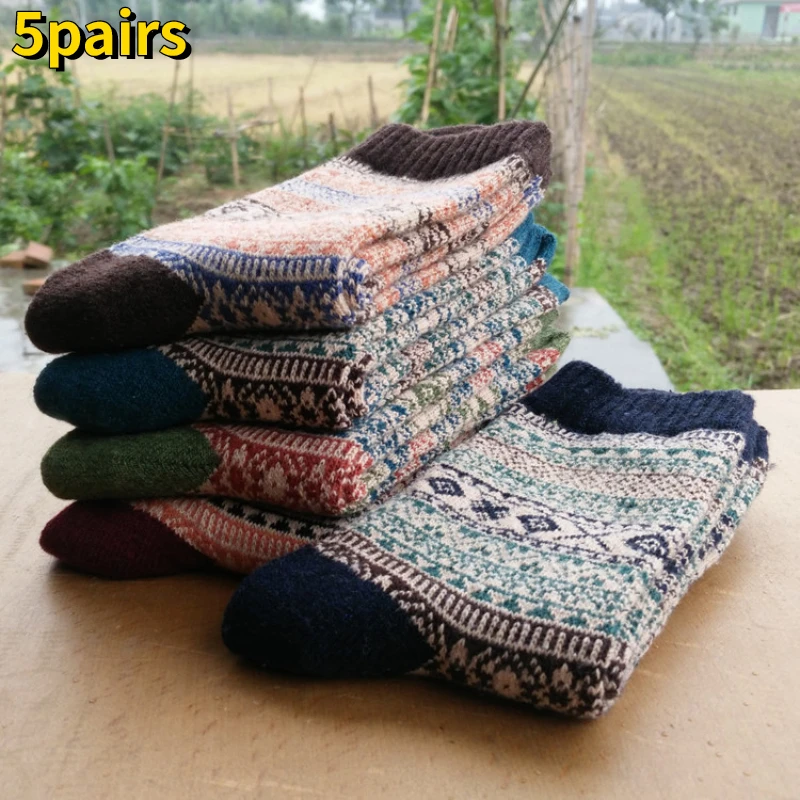 

10PCS=5Pairs Autumn Winter 2022 New Men Thicken Warm Harajuku Retro Fashion Casual Wool High Quality Cotton Socks Snow Sock