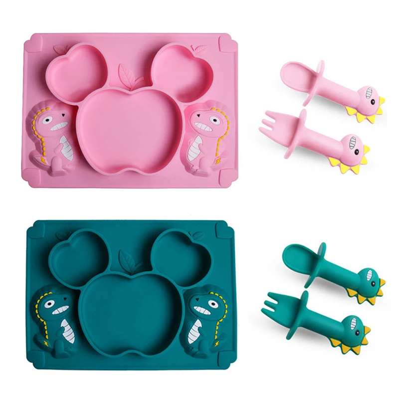 

Baby Silicone Plate Set With Suction Cup Cute Cartoon Dinosaur Tableware Food Feeding Dining Dishes Anti-drop Non-toxicSet