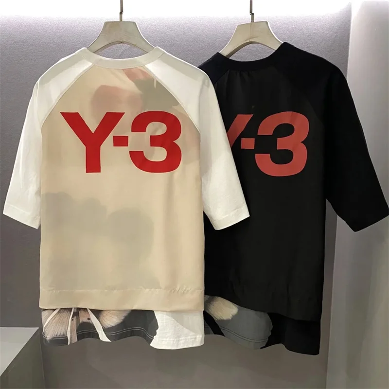 

Новинка, модные летние футболки 23SS Y3 с принтом, двухслойные мужские и женские футболки с круглым вырезом и рукавом до локтя